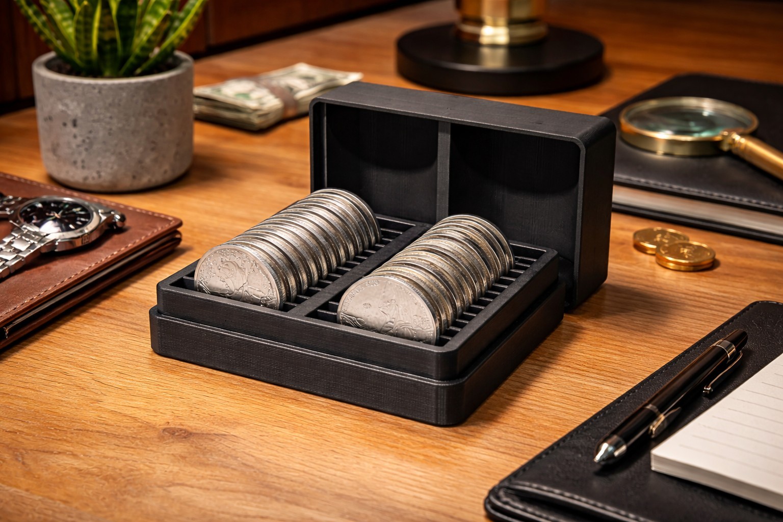 1oz Silver Coin Black Organizer Storage Box 40 Coin Capacity Fits Capsules Round