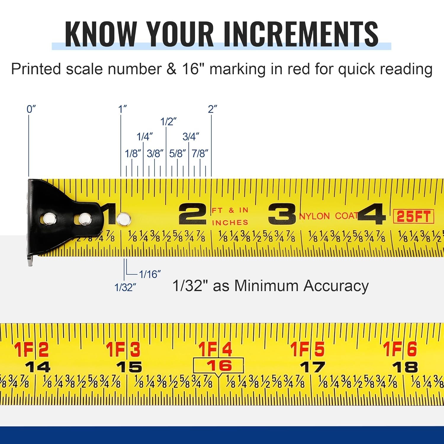 WORKPRO 25 FT Auto-Lock Tape Measure Magnetic Hook Fractions 1/8" 1/32" Accuracy