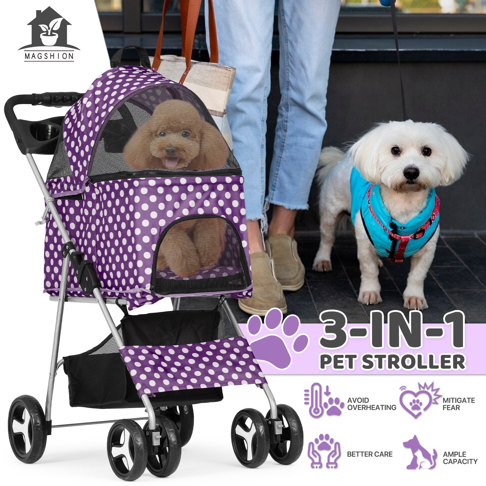 Pet Stroller 4 Wheels,3-in-1 Foldable Dog Stroller?w/Storage Basket&Cup Holder