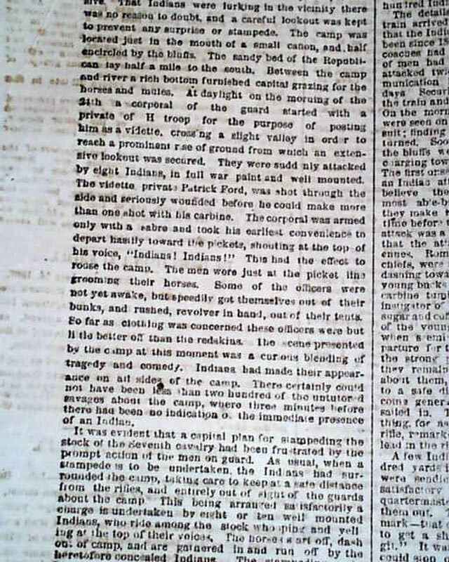 Kidder Fight Massacre w/ Gen. George Armstrong Custer in Kansas 1867 Newspaper