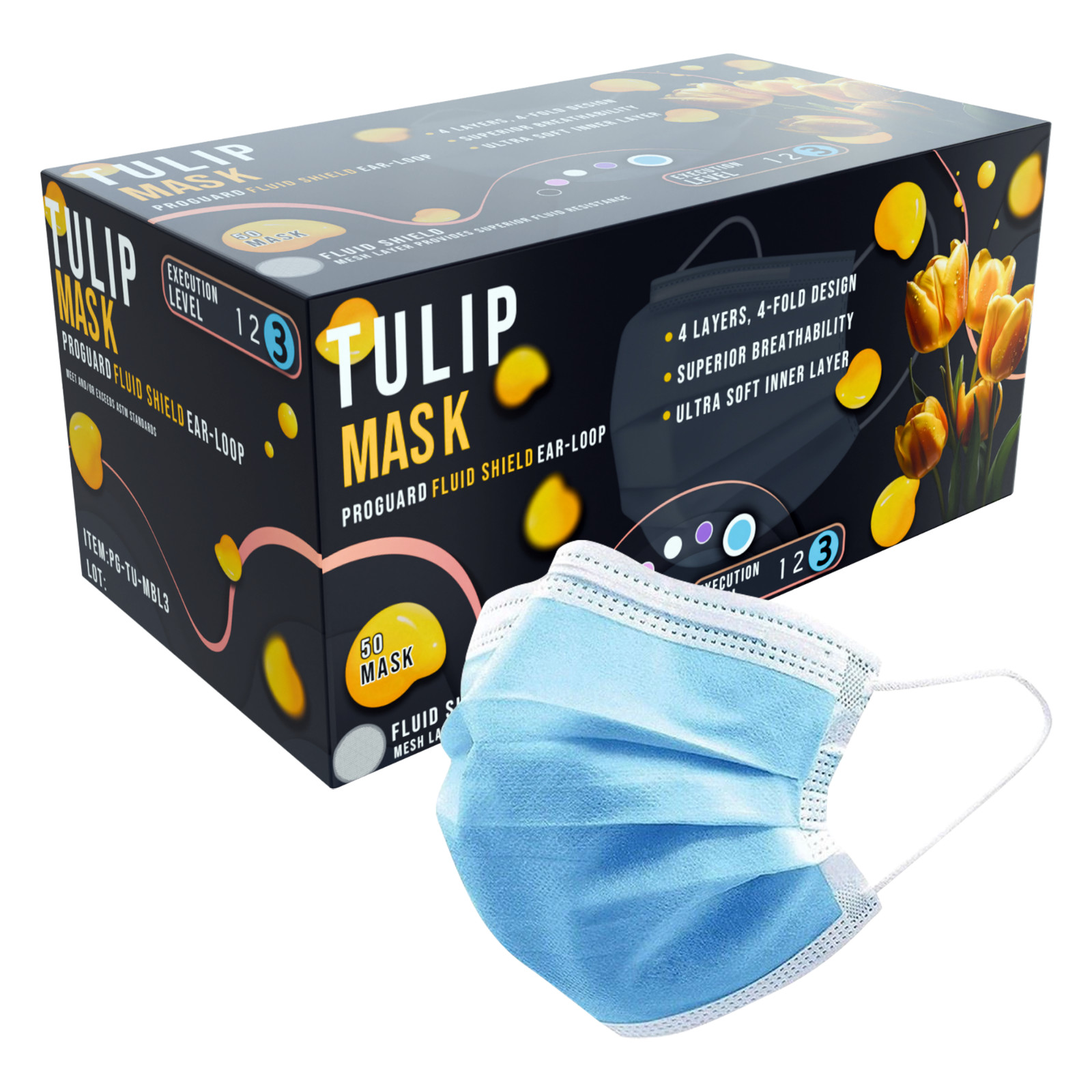 500 Blue ASTM Level 3 Face Masks 4-Ply, Disposable Surgical Medical Shield Tulip
