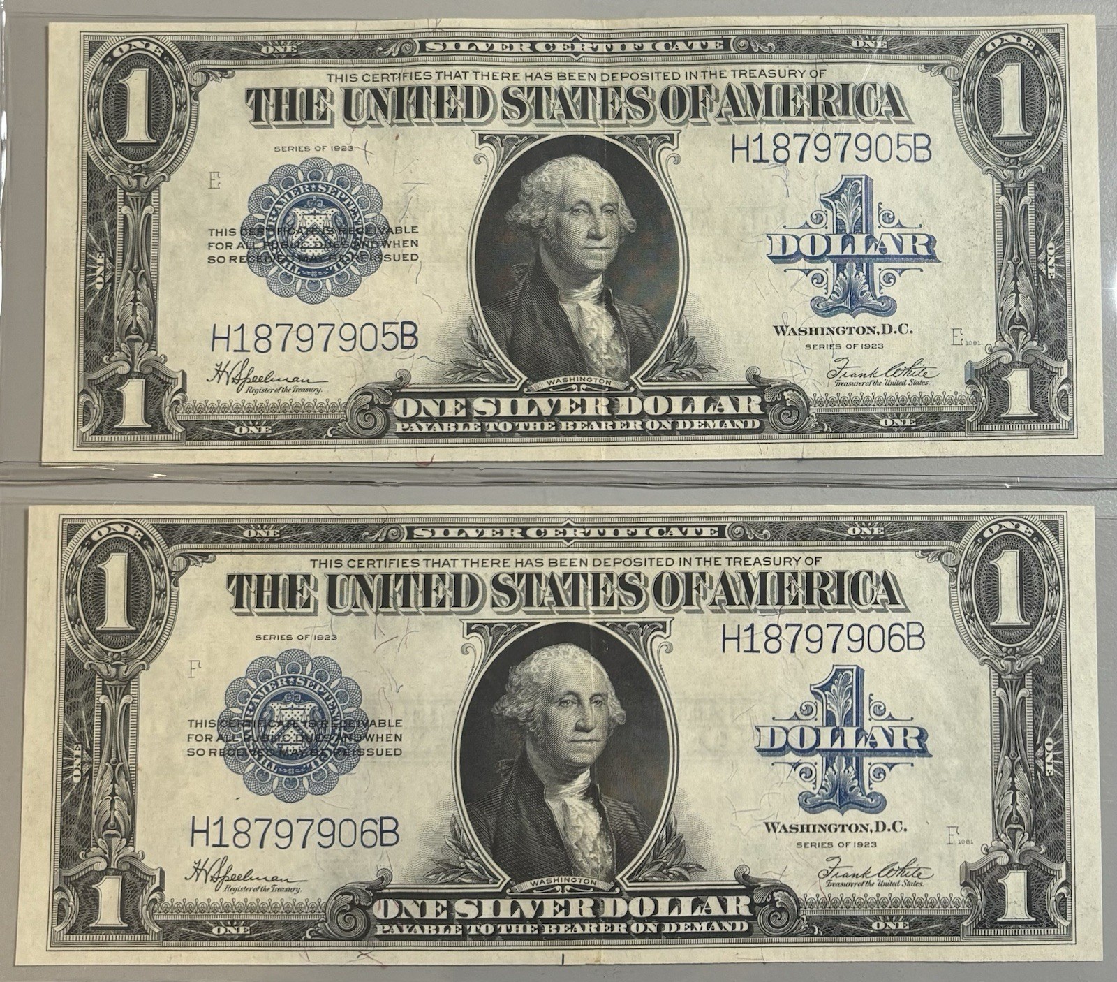LOT OF (2) CONSECUTIVE 1923 $1 SILVER CERTIFICATES XF/AU+ NICE NOTES!