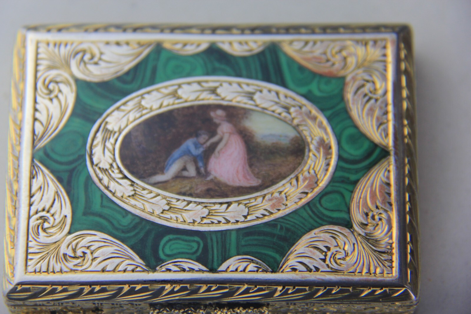 German Parcel Gilt 800 Silver & Enameled Rectangular Snuff Box w/ Courting Scene