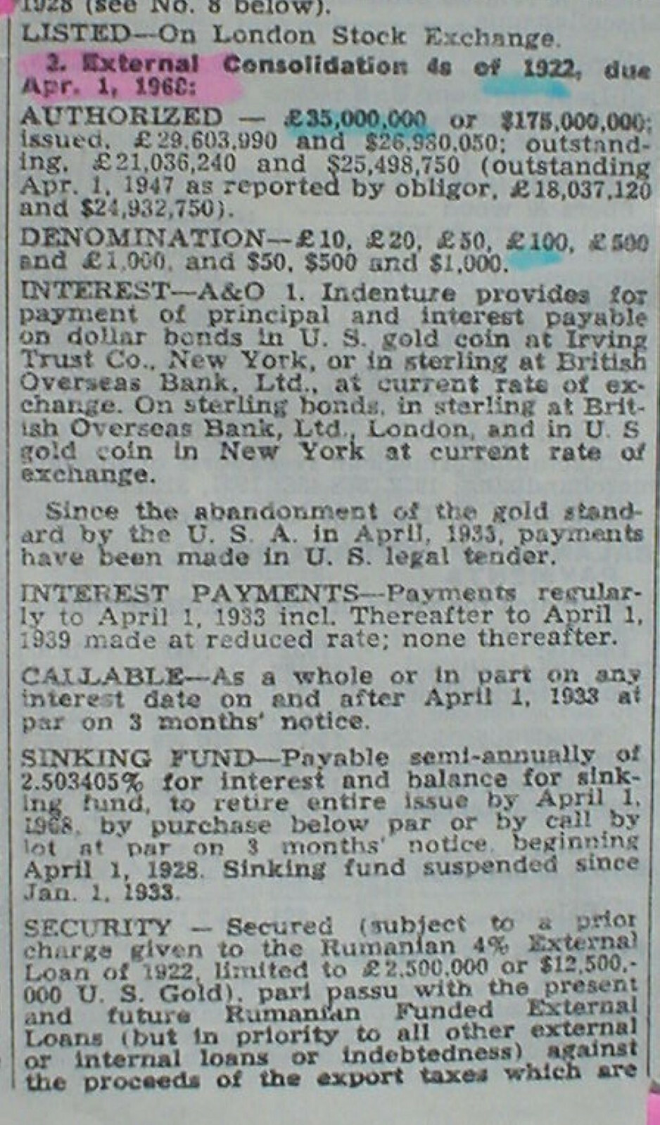 Kingdom of Romania 7% 100 £ Monopolies Inst. Bond to Bearer 1929 uncanc. coupons