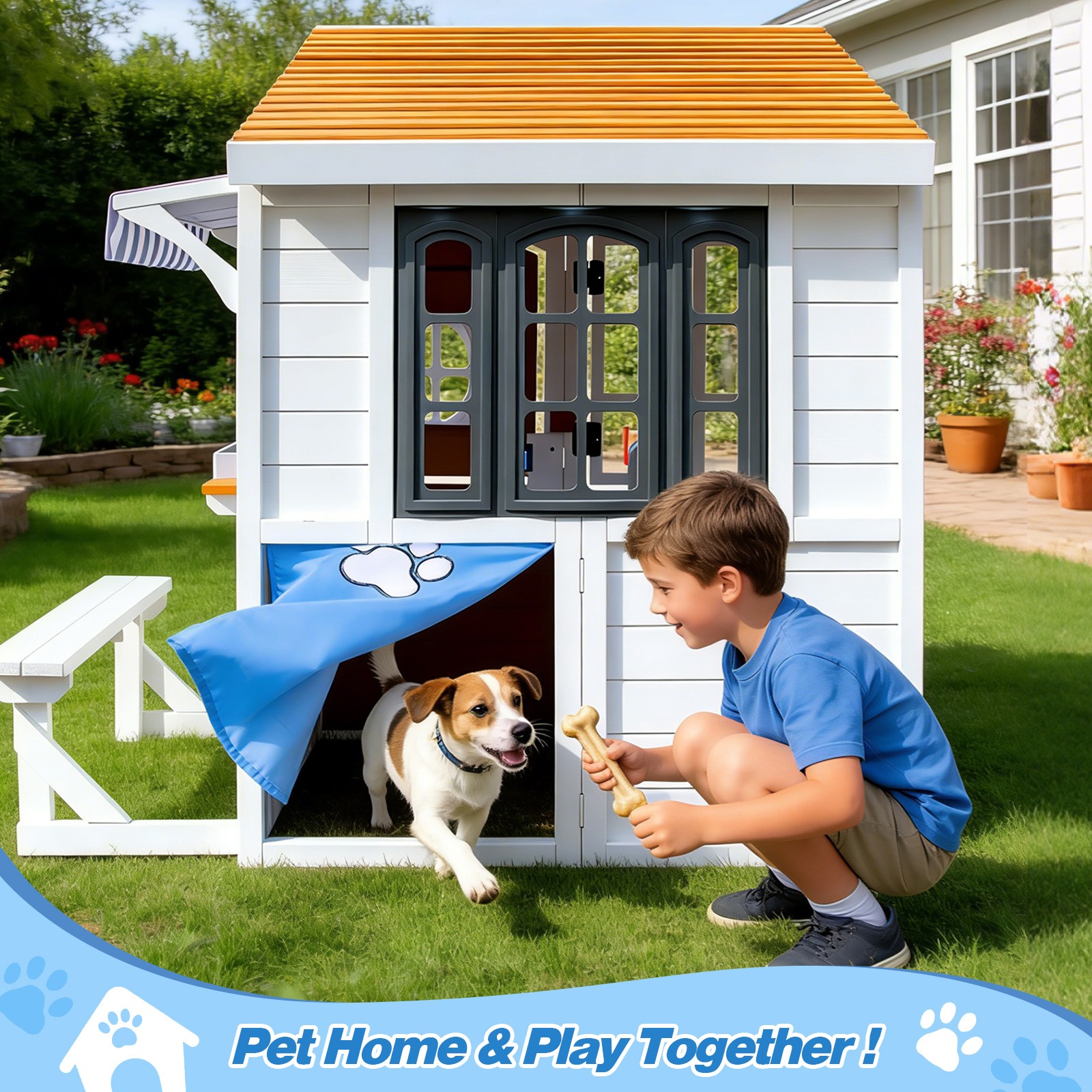 Kids Wooden Playhouse Outdoor Cottage Play Kitchen,Bench,Blackboard,Tic-Tac-Toe