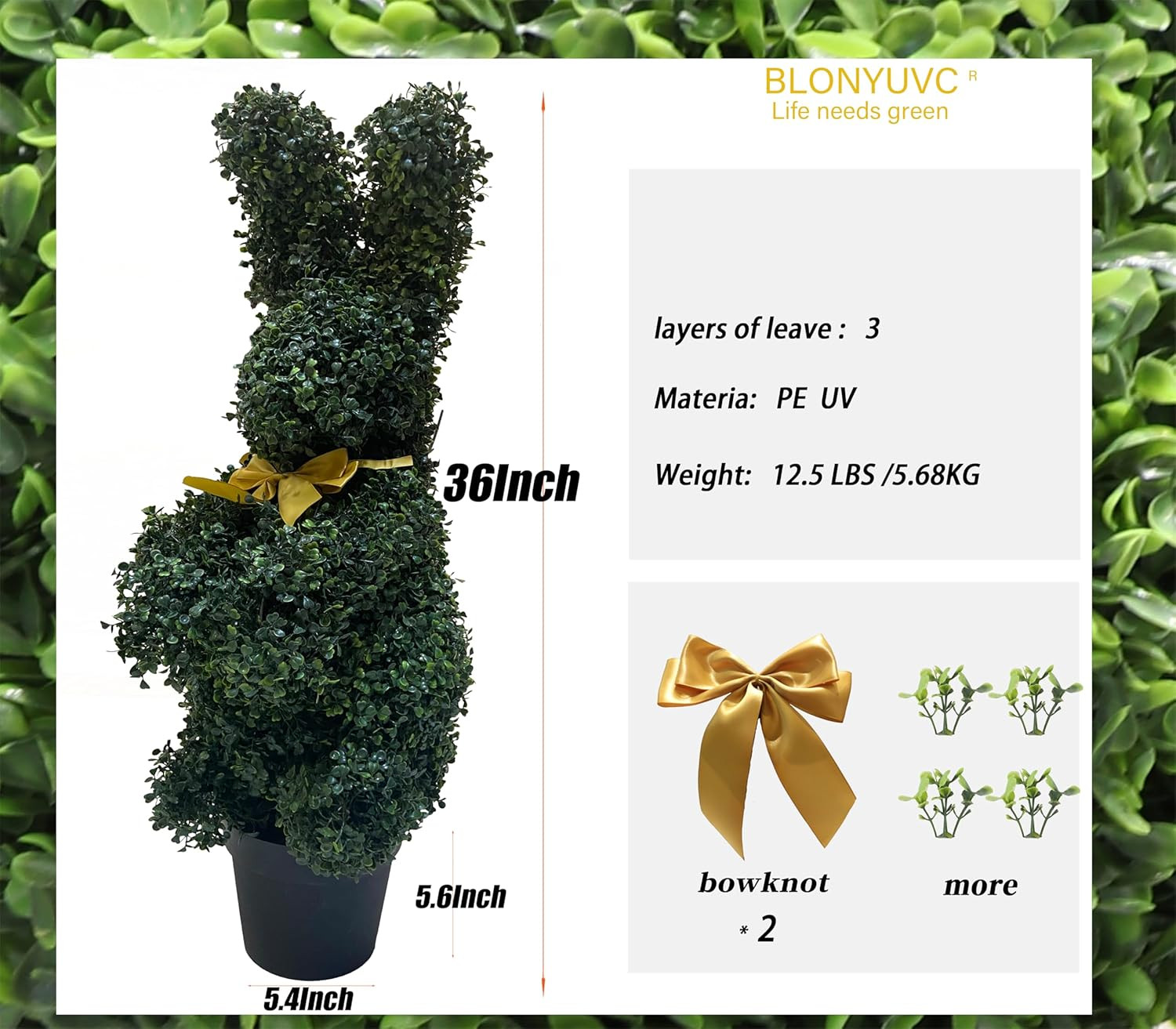 Bunny-Shaped Topiary Ball 36'' Artificial Tree Rabbit Bowknot Pot Uv-Resistant F