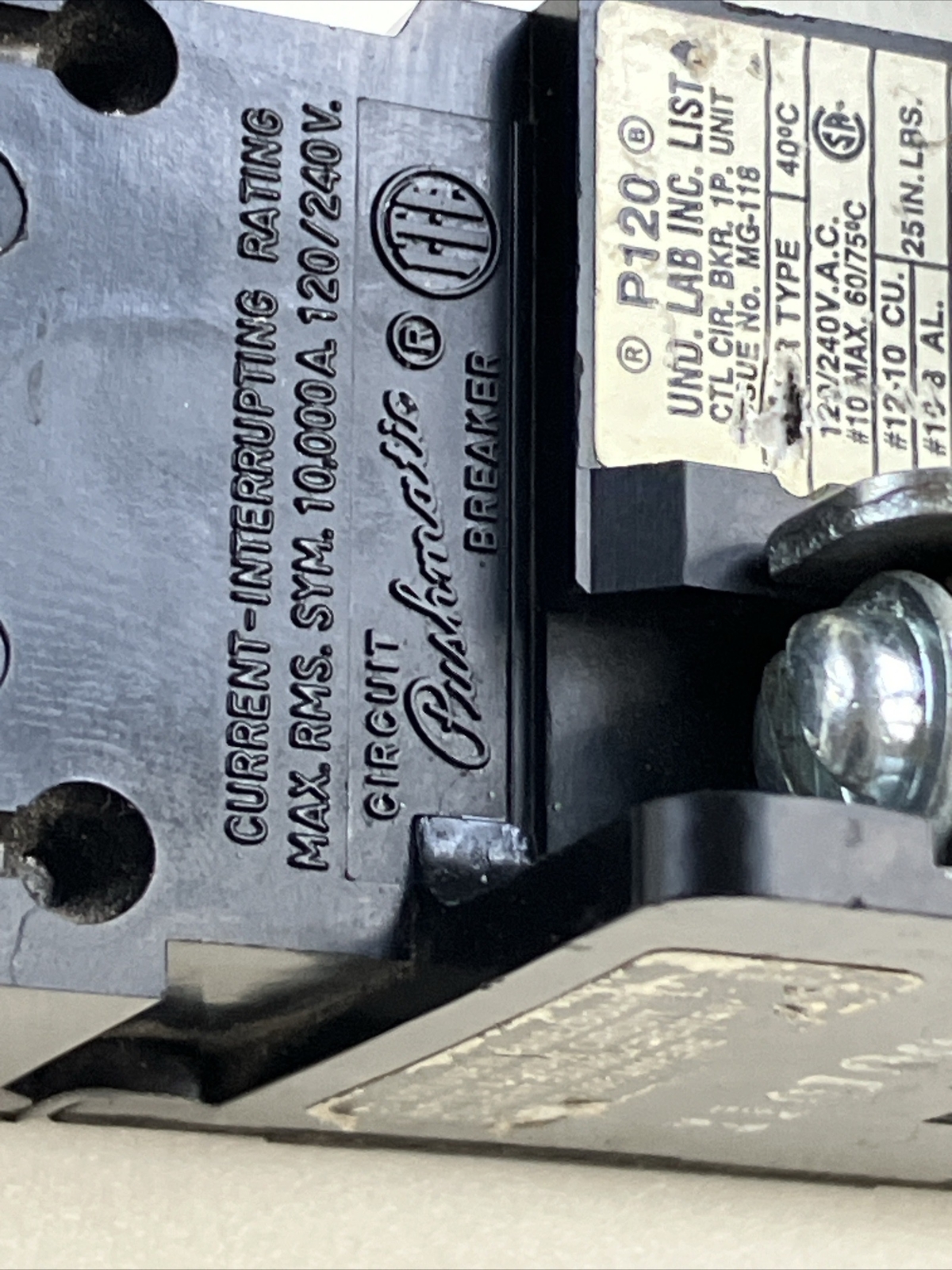 Bulldog P120, 20 Amp, 120 Volt, 1 Pole Pushmatic Circuit Breaker- WARRANTY