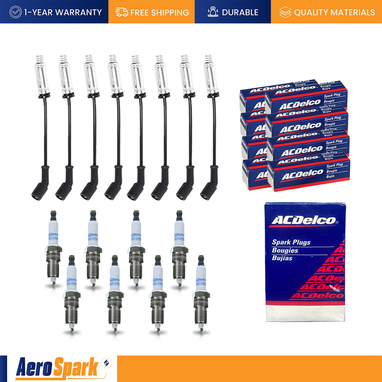 8mm Wireset + 8 AcDelco Spark Plug 41-110 for 1999-2018 GMC Sierra 1500 5.3L