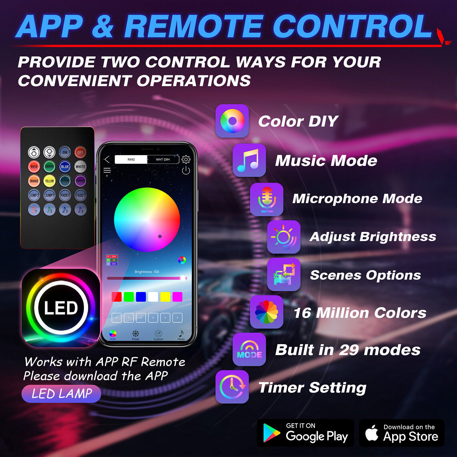 RGB 8 in 1 Interior Car LED Strip Lights Car Neon Accent Lighting Kit