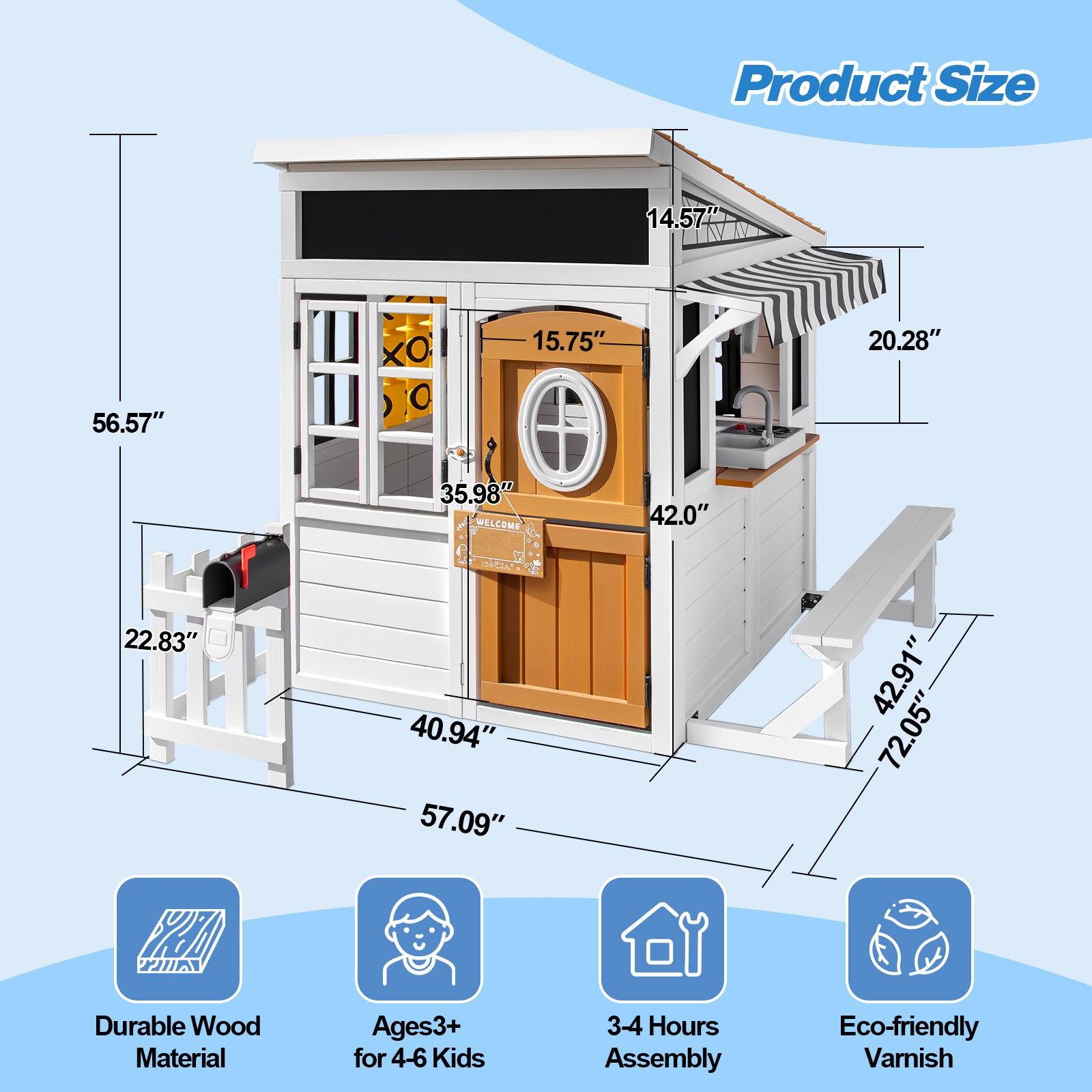 Wooden Kids Playhouse Cottage Play Kitchen,Bench,Mailbox,Tic-Tac-Toe,Chalkboards