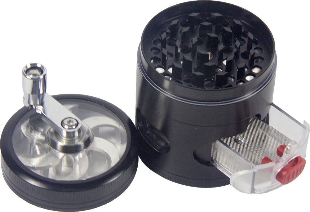 2.4" 4 PC Black Tobacco Herb Spice Grinder W/ Handle Crank & Drawer Crusher
