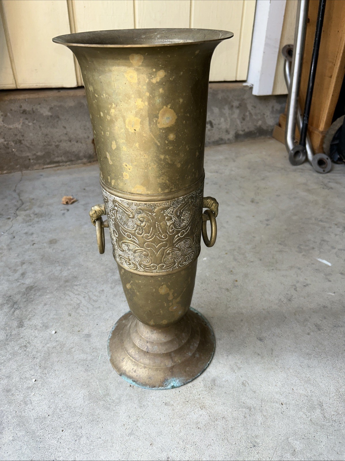 19.5” Vintage Brass Umbrella Cane Holder Gargoyle Head Handles Etched Elephants