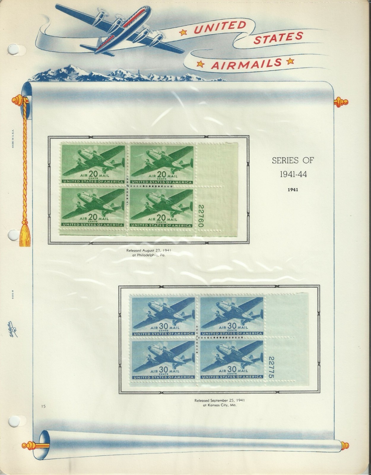 USA Stamps: Air Mail Plate Blocks & Singles on White Ace Album Pages. SCV $350+