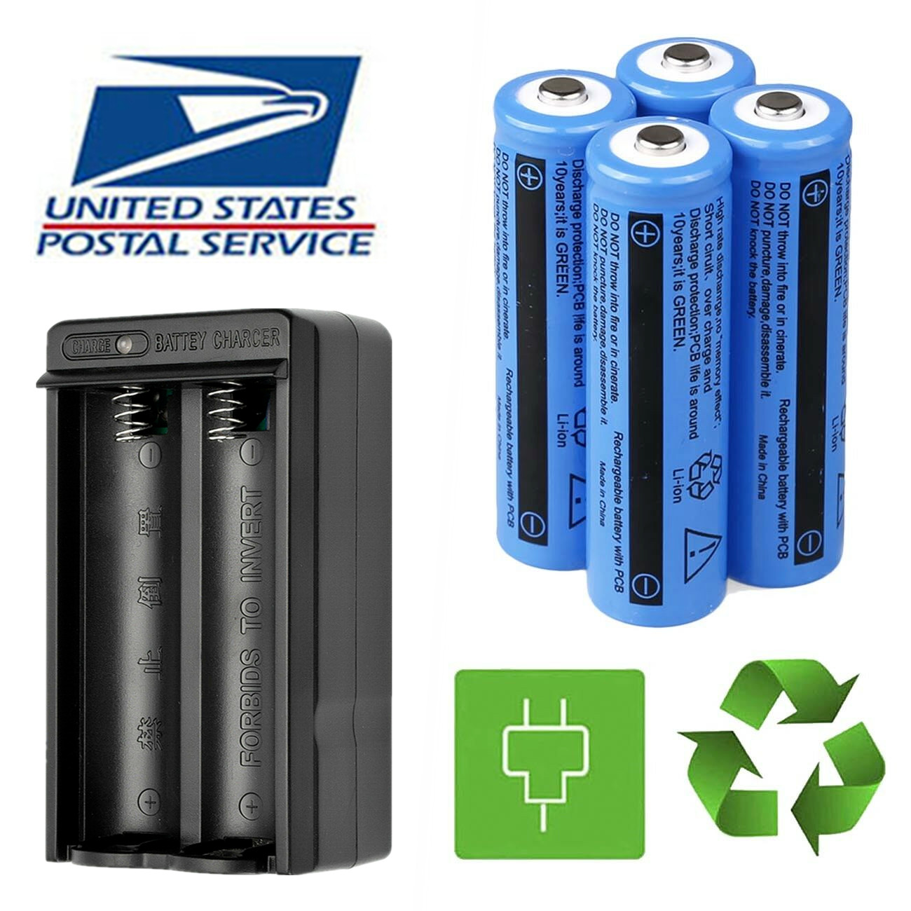 4pcs 3000mAh Batteries 3.7V Rechargeable Battery & Charger for Flashlight Torch