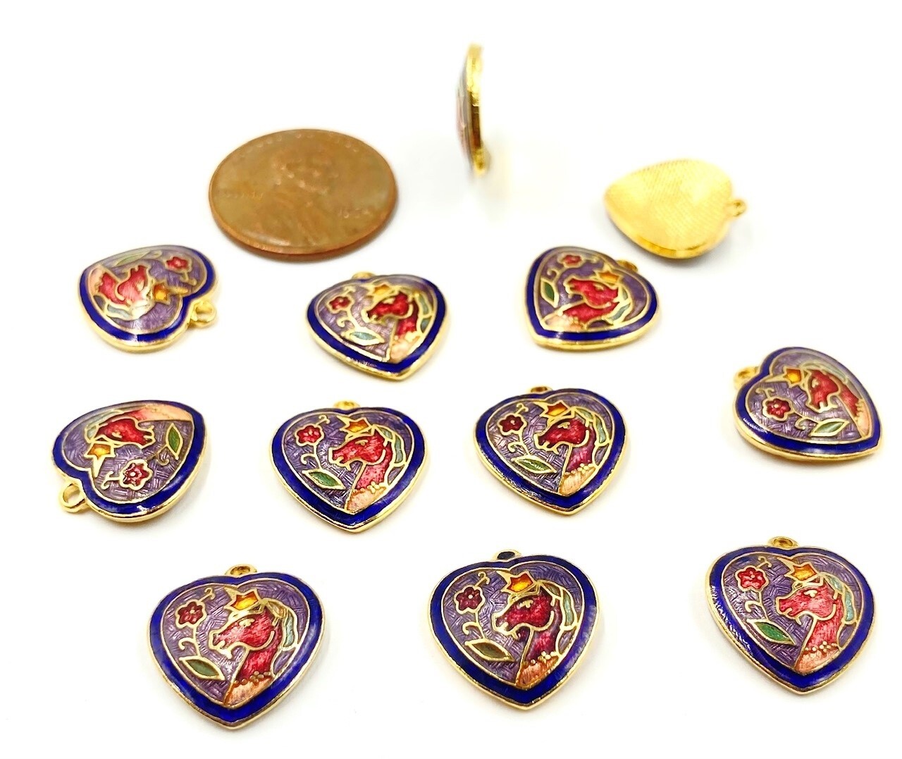 12 Vintage Cloisonné Unicorn & Flower Pink Blue Gold Heart Pendant Charms 5312PT