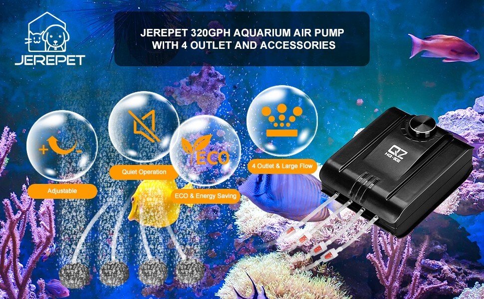JEREPET 320GPH Aquarium Air Pump 8W Adjustable Quiet Oxygen pump with 4 Outlet