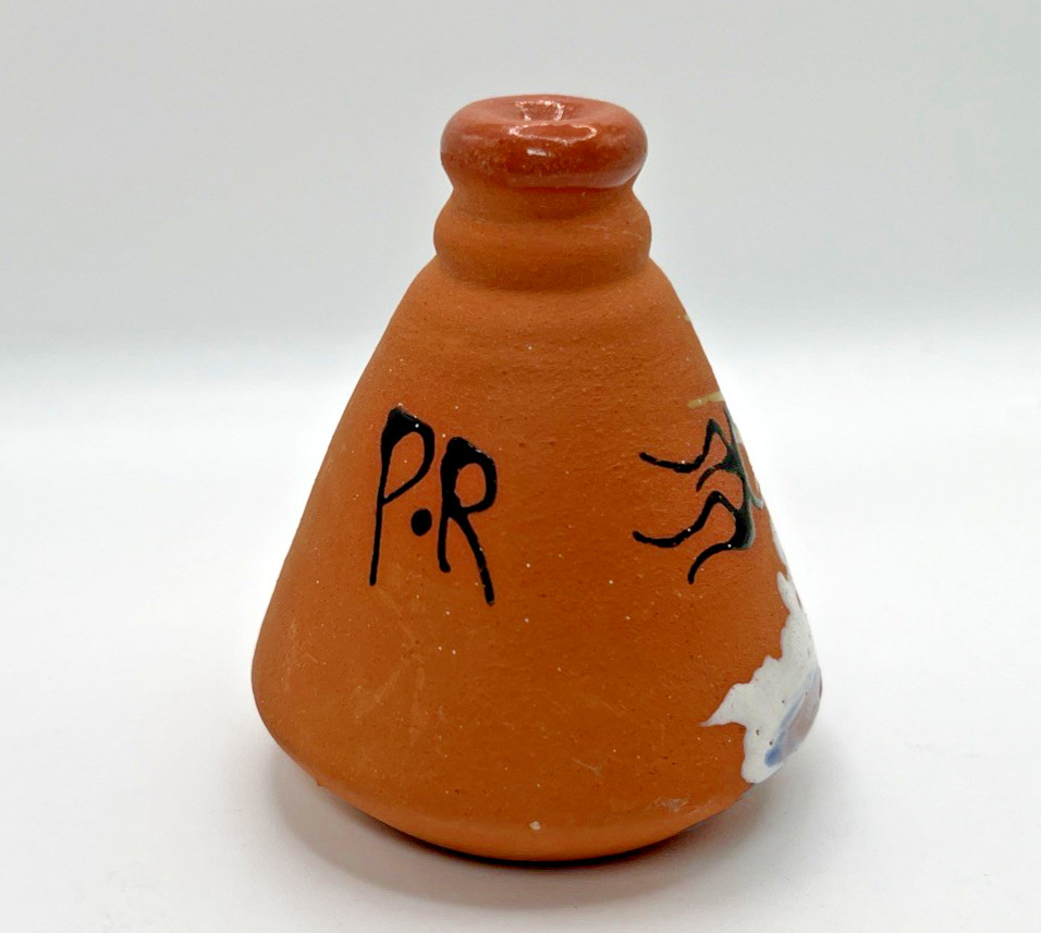 Vtg Miniature Pottery Jar Hand Painted Sun & Waves- Signed