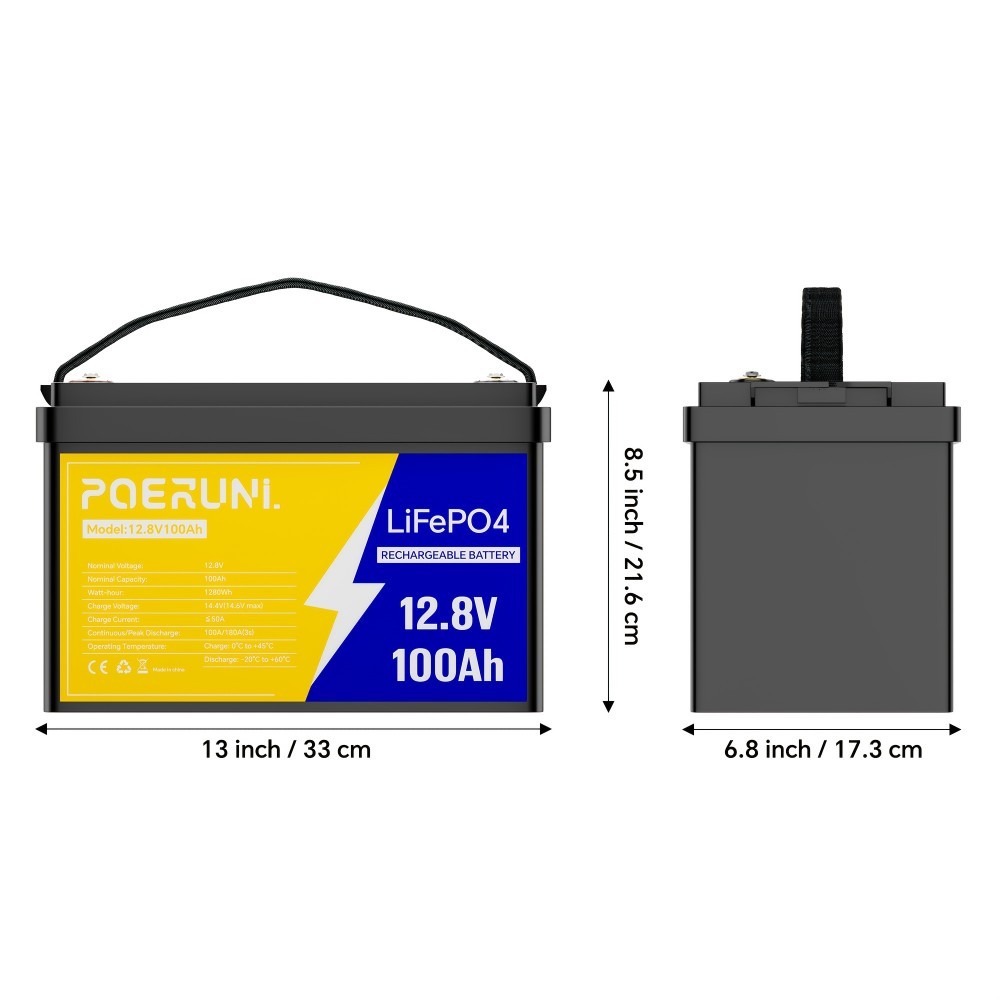 POERUNI 12V 100Ah Lithium LiFePO4 Battery 8000+ Deep Cycle for Solar RV Marine