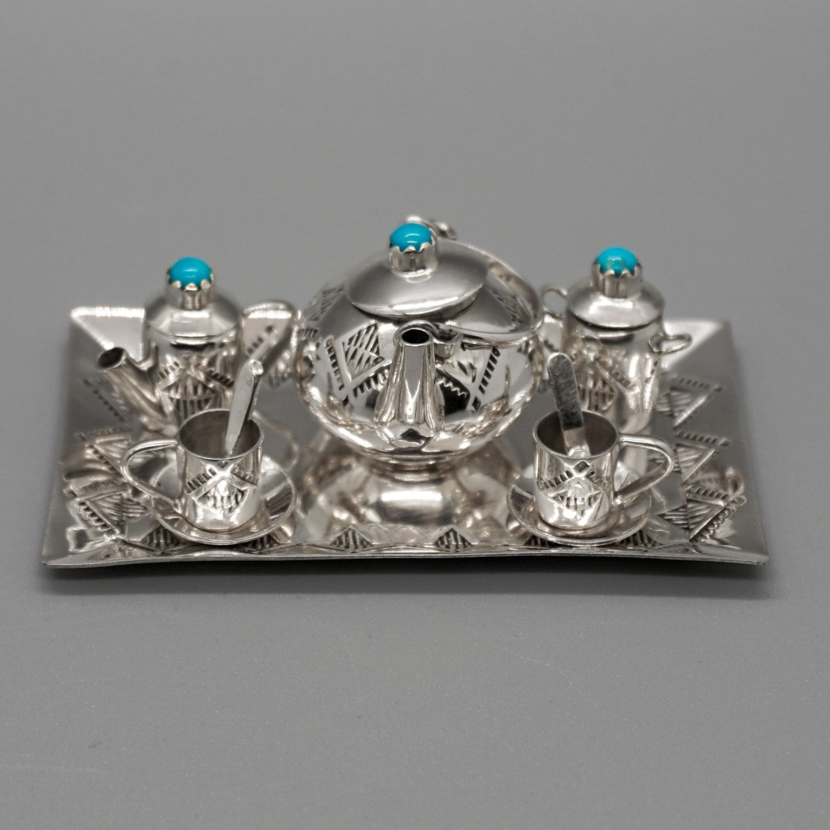 TEN PIECE MINIATURE TEA SET STERLING with TURQUOISE by WESLEY WHITMAN–NAVAJO