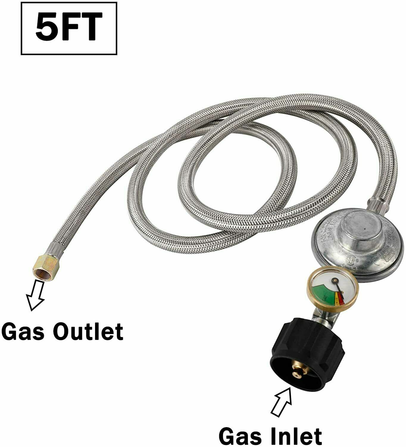 5FT Propane Hose Regulator with Gauge for Most LP Gas Grill, Heater, 3/8" Female