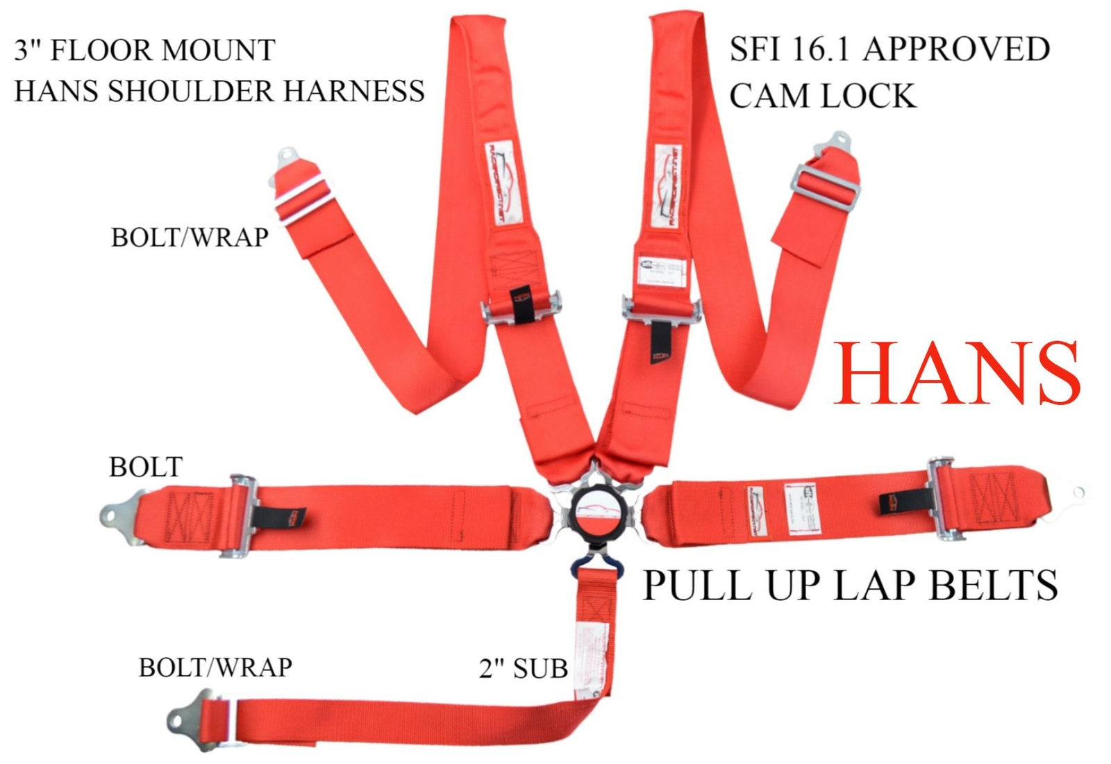 FLOOR MOUNT RACE HARNESS 5 POINT CAM LOCK FOR HANS HEAD & NECK DEVICE BELT RED