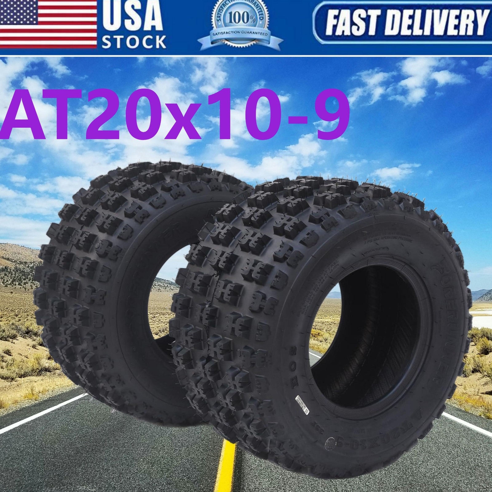 Set 2 Rear 20x10-9 ATV Tires 6PR 20x10x9 UTV Tires 20 10 9 All Terrain Tubeless