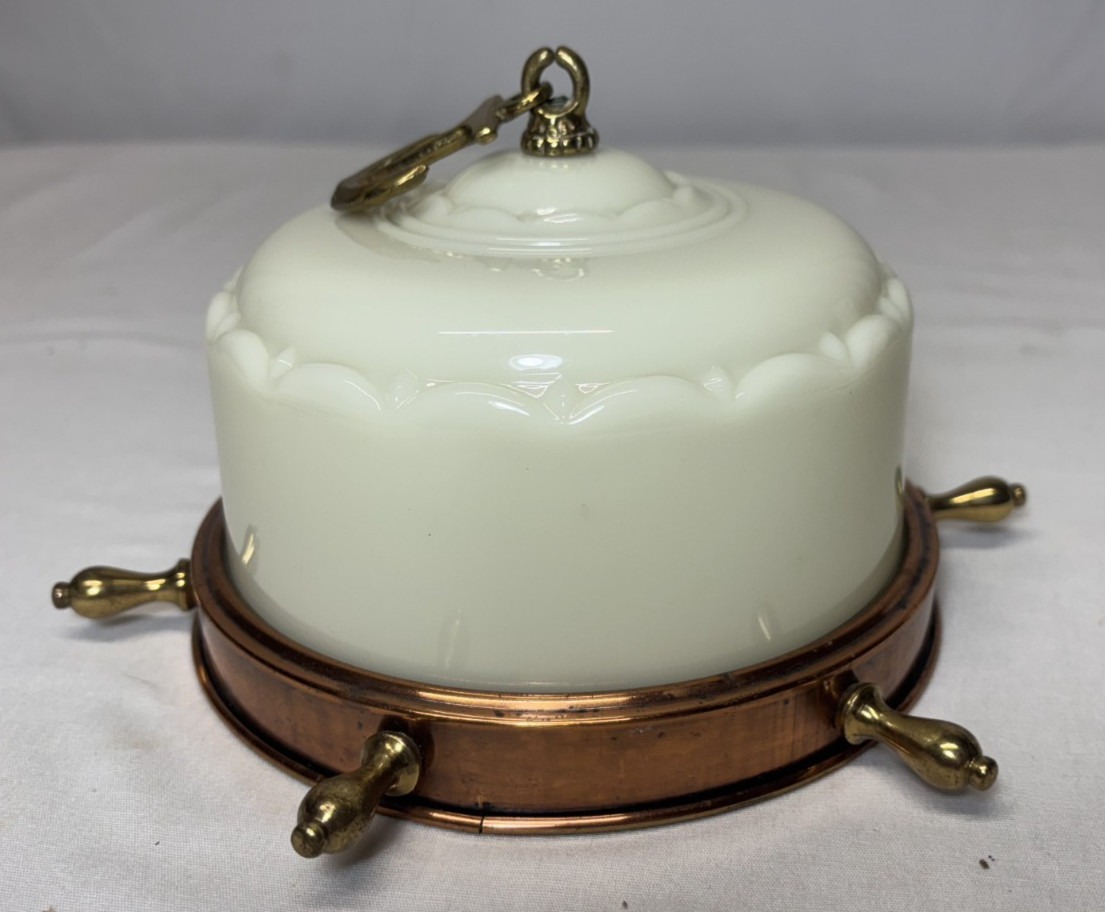 Vtg Nautical Light Fixture MCM Brass Anchor Closet Custard Art Glass Shade #L60