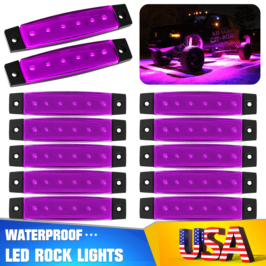 12x Purple LED Rock Lights Underbody Light For Jeep Offroad Truck UTV ATV SUV