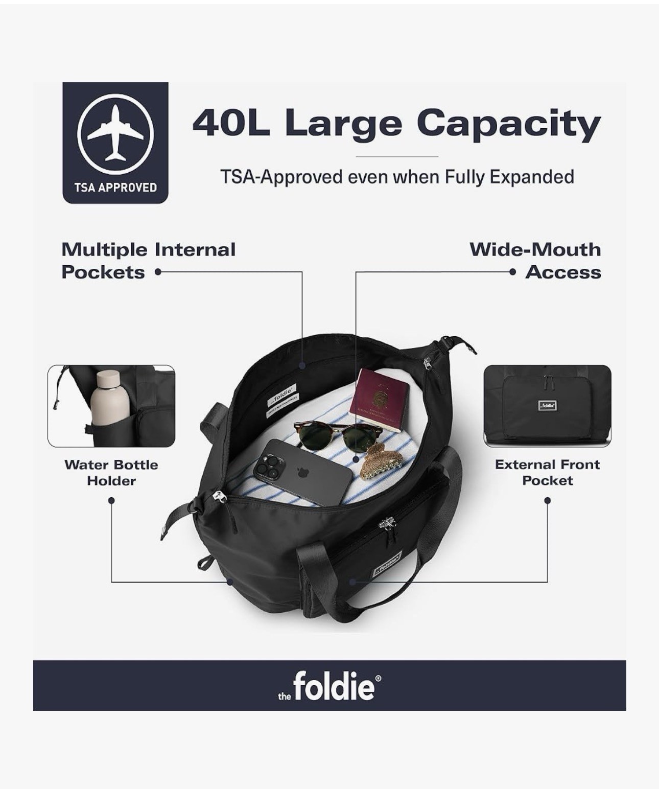 The Foldie® 4.0 Travel Duffle - Water Resistant - Expandable Bottom - Black