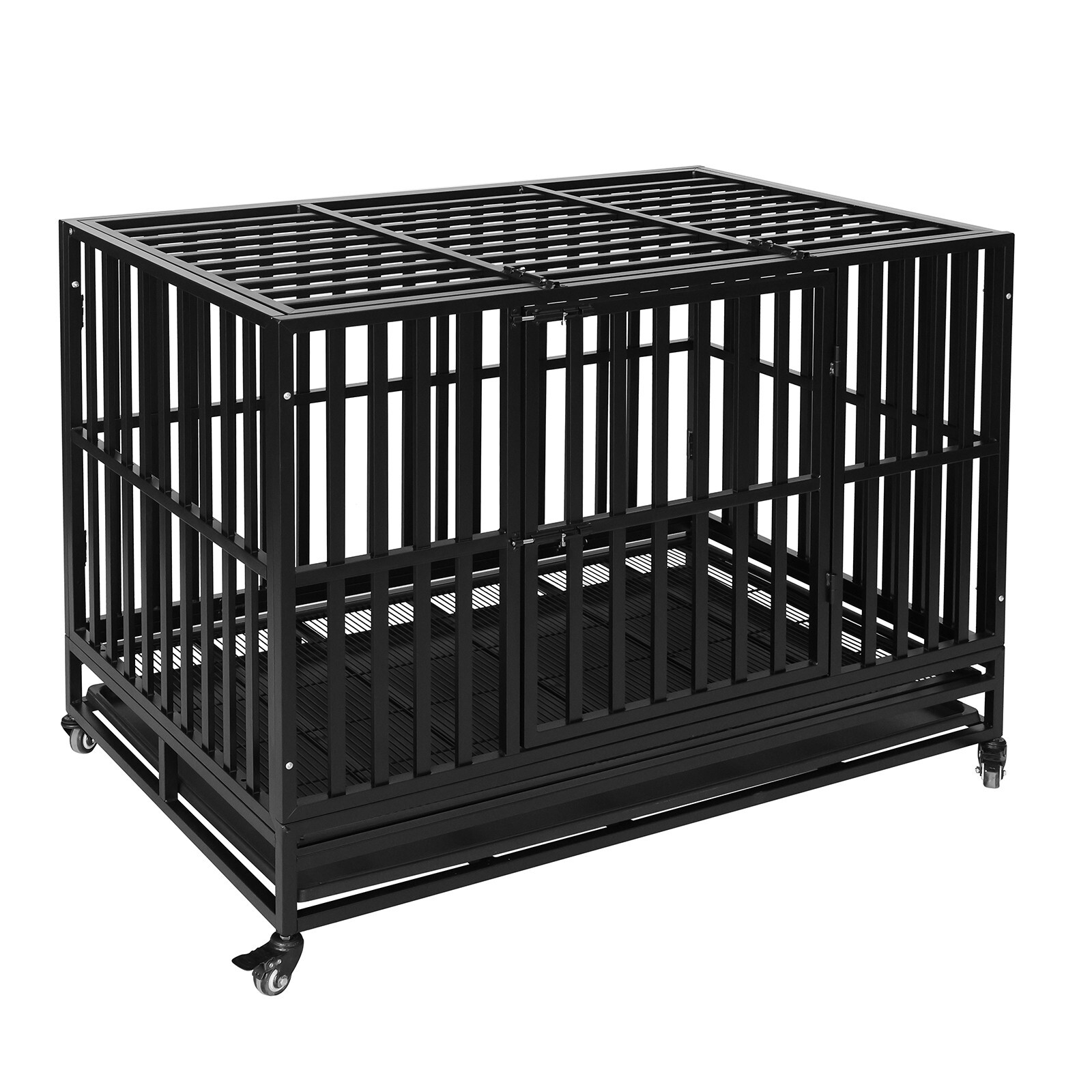 XXL Heavy Duty Pet Dog Cage Strong Metal Crate Kennel Playpen with Wheels &Tray