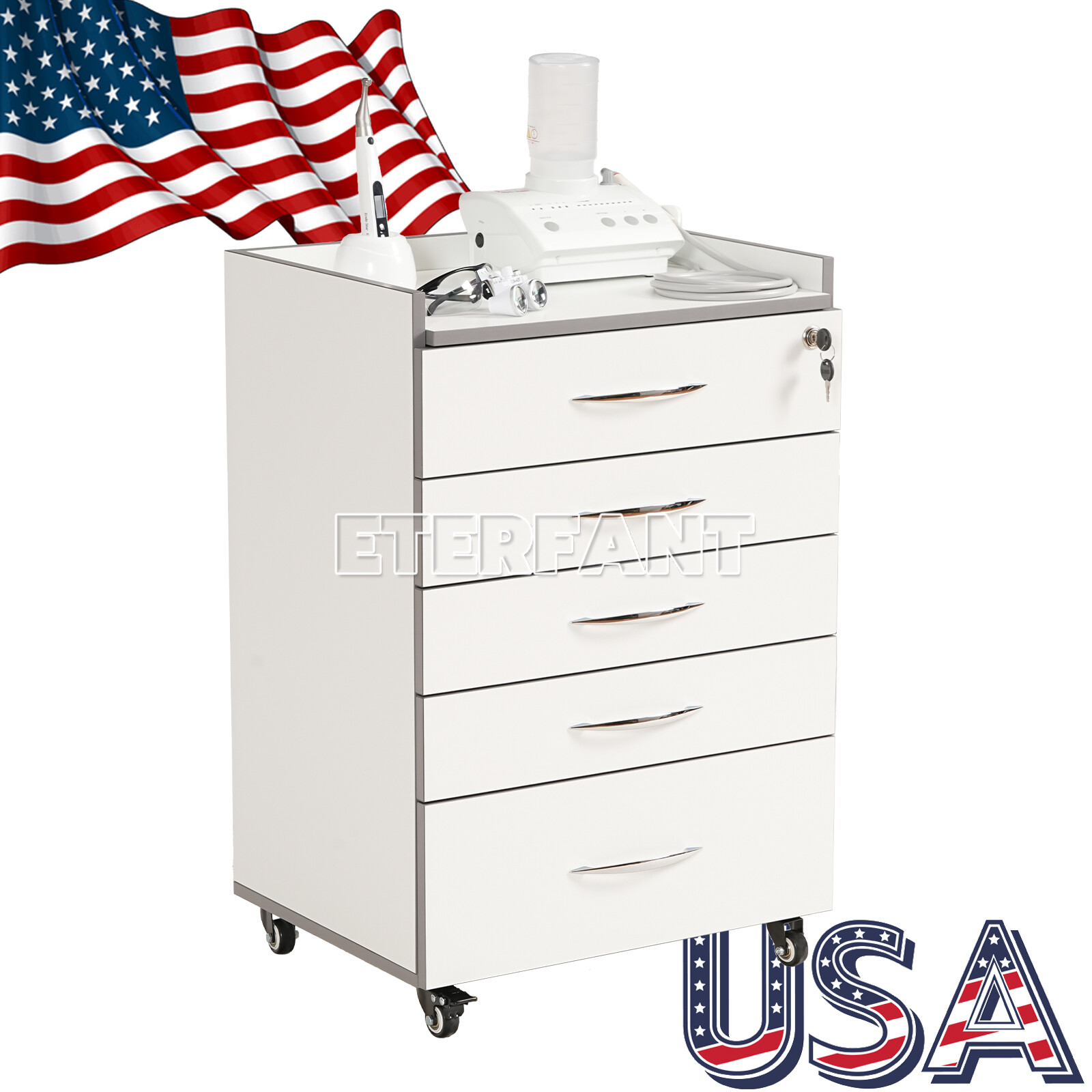 Dental Medical 5 Drawers Trolley Cart Acrylic Mobile Rolling Cart Wooden Cabinet