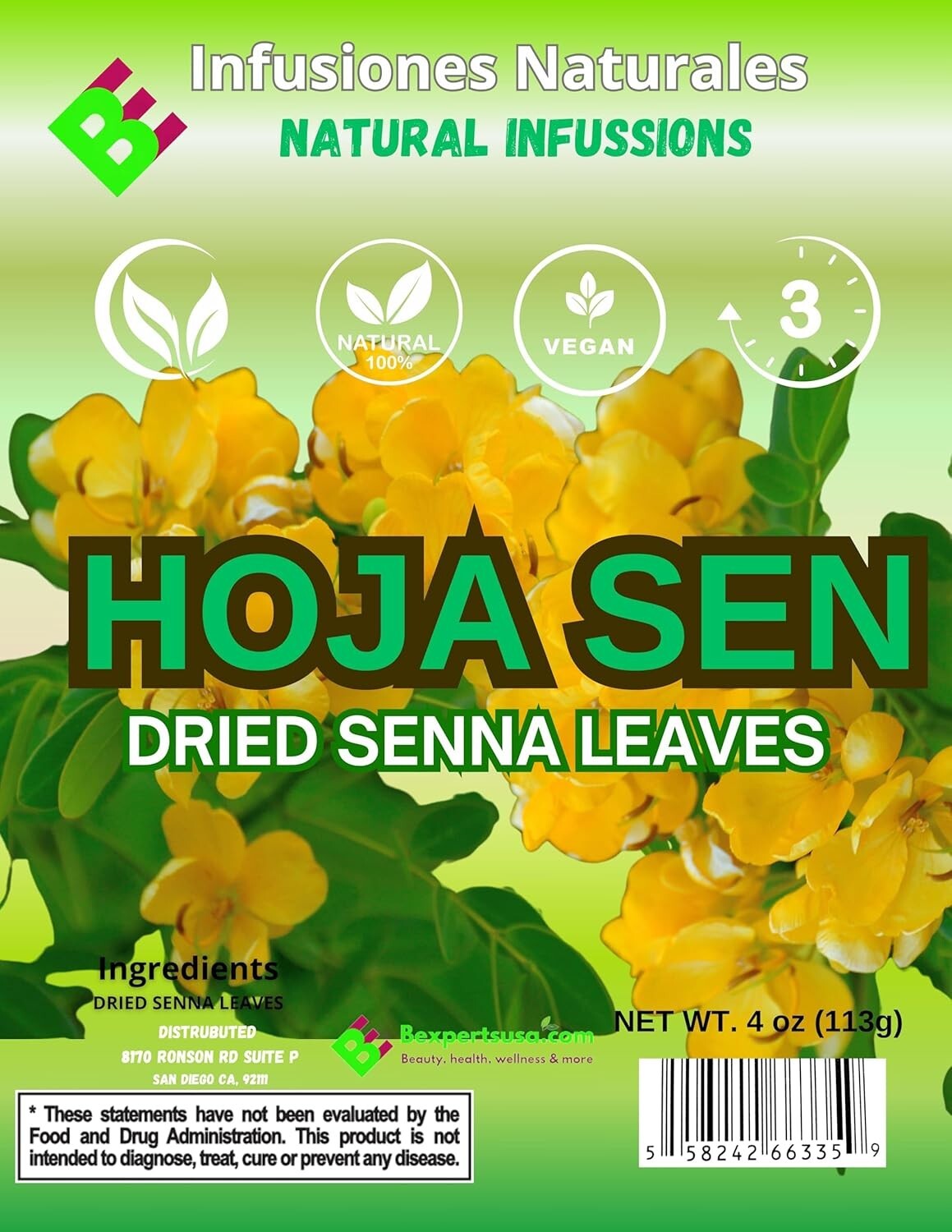 Hoja de Sen Té (Senna Leaf Tea Natural) Net Wt. 4 oz (113g) - 100% Natural,Vegan