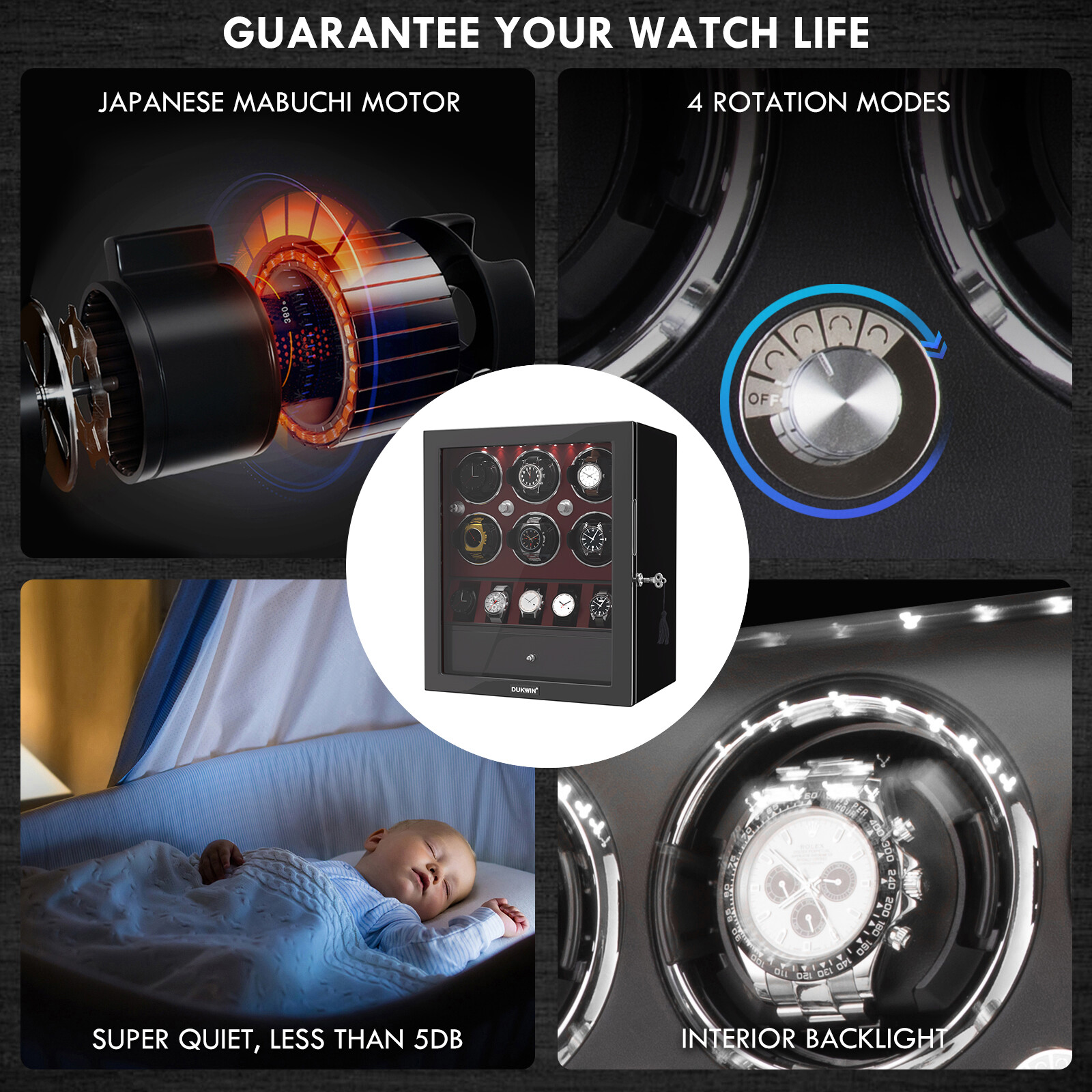 DUKWIN Automatic 6 Watch Winder with 5 Watches Display Storage Case Box LED Red