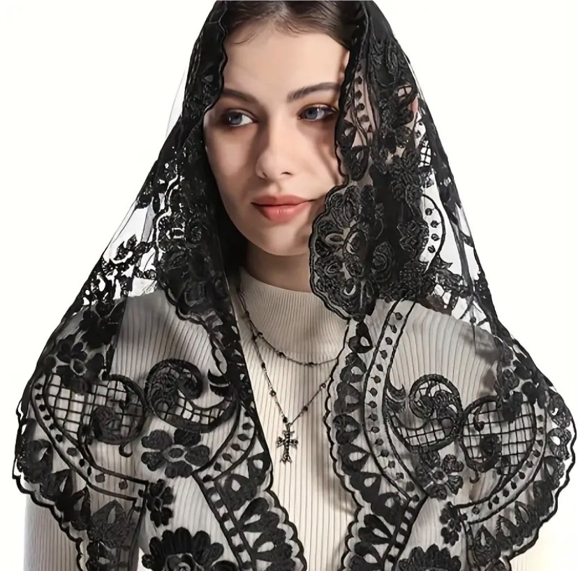 Head Veil Mantilla Catholic Church Veil Head Cover Black Embroidered