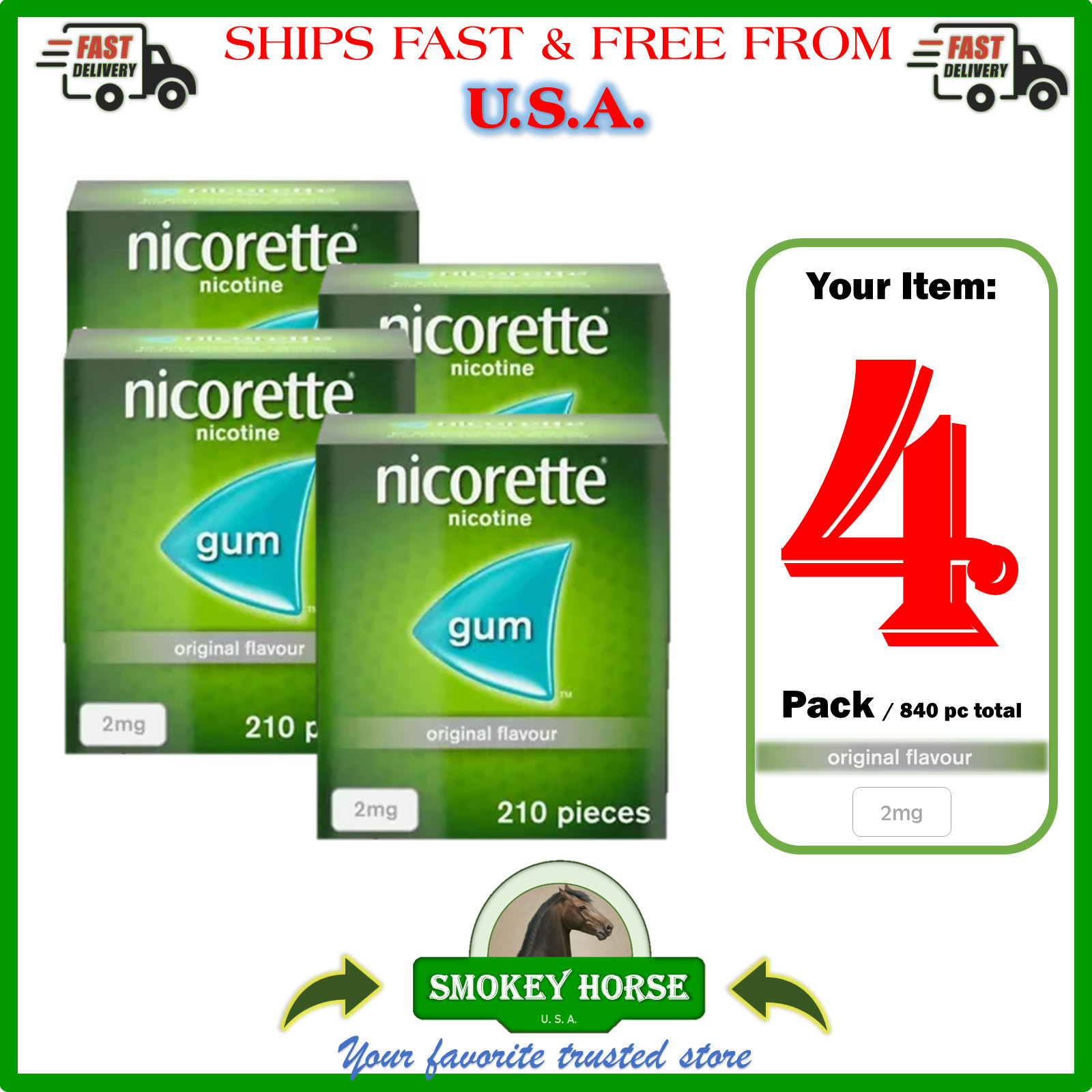 4X Nicorette ORIGINAL Flavour Gum 2MG 210 Pieces "USA SELLER--SHIPS SUPER FAST "