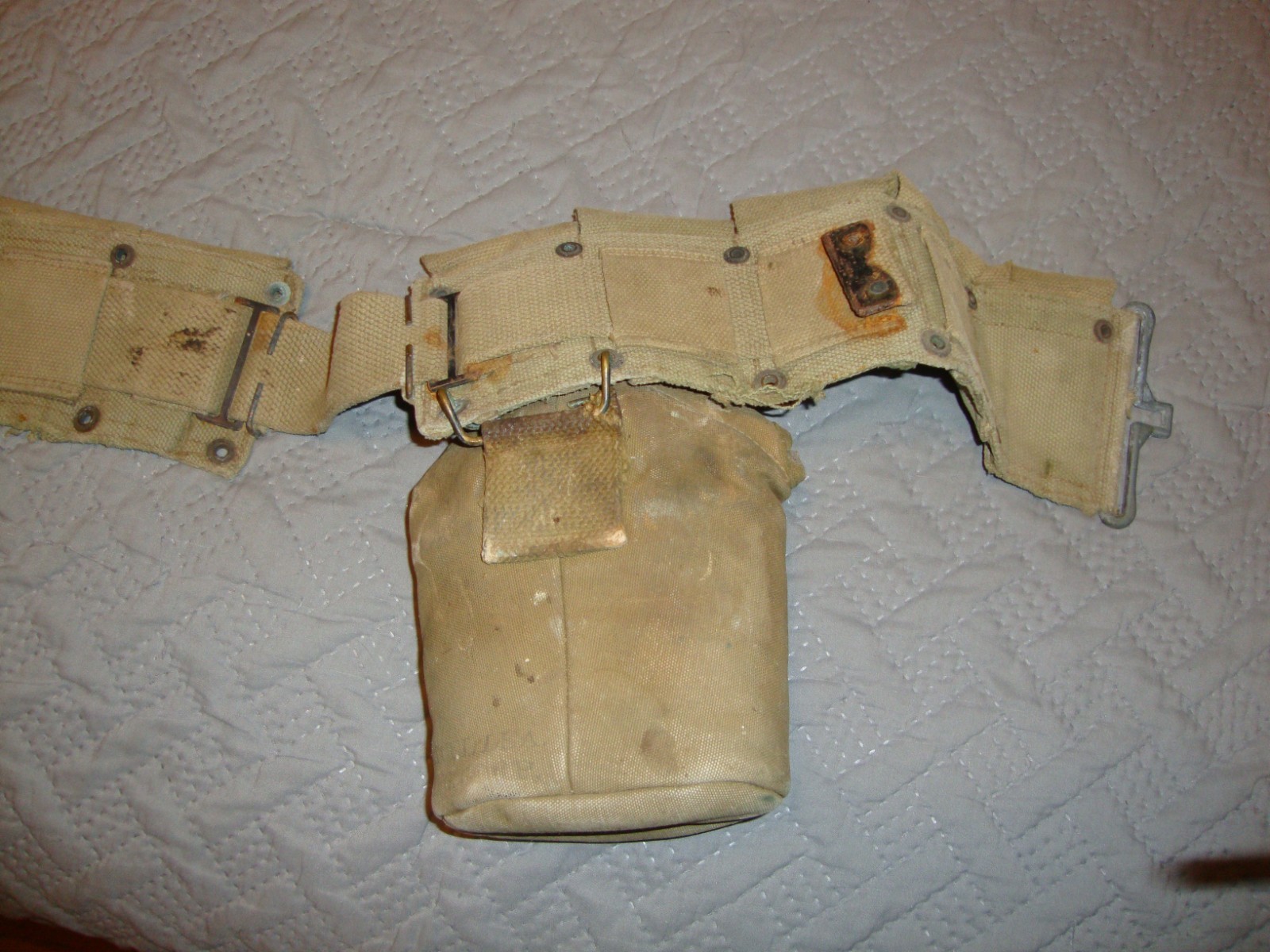 WWII US 10 pocket Garand ammo belt, canteen and cover, khaki