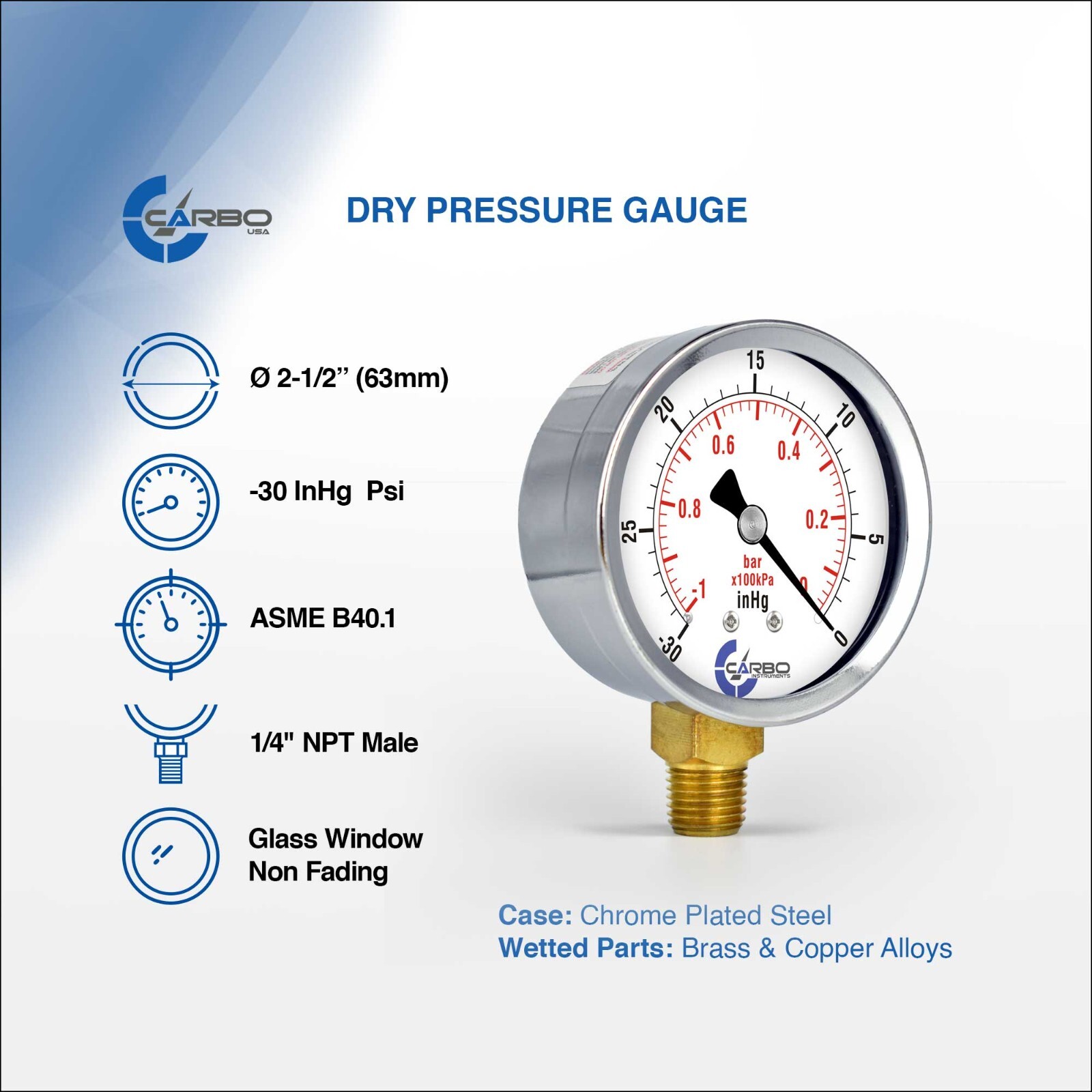 2-1/2" Vacuum Gauge - Chrome Plated Steel Case, 1/4"NPT, Lower Mnt. -30 inHg/0