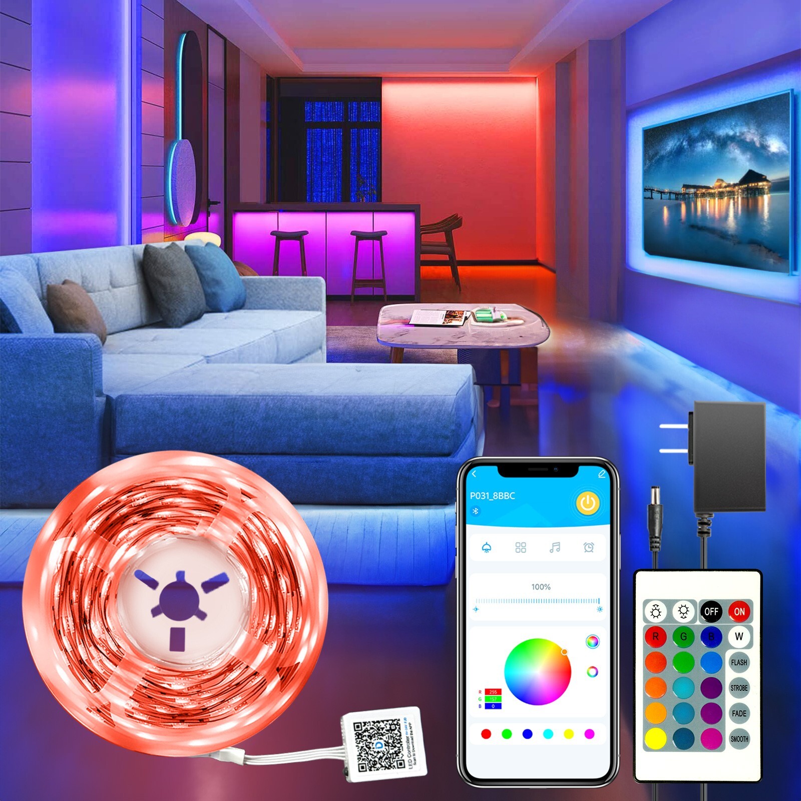 100Ft LED Strip Lights, Smart Light with App Remote Control, RGB LED Lights for