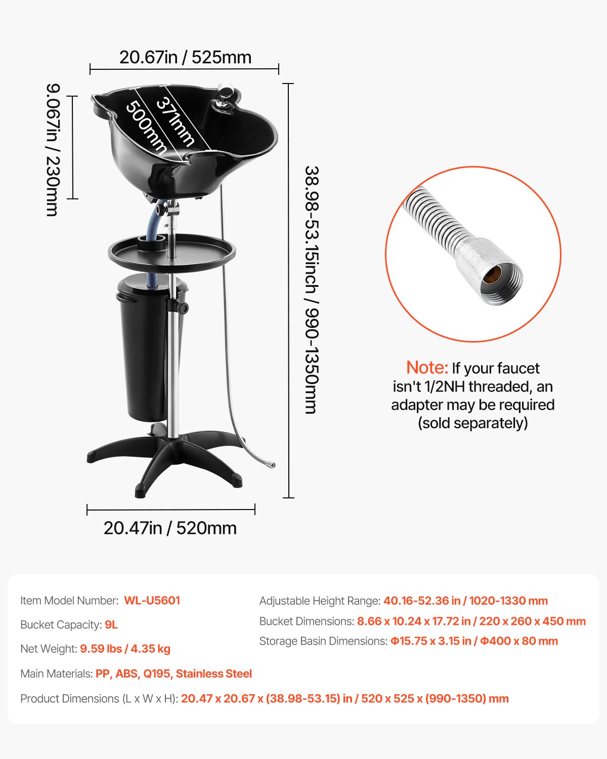 VEVOR Portable Shampoo Bowl Shower Head Bucket Drain Hose Adjustable Salon Sink