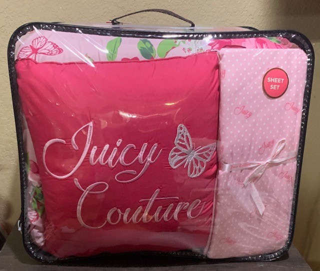 Juicy Couture Pink w/Roses & Butterflies QUEEN Set Comforter,Shams,Sheets,Pillow