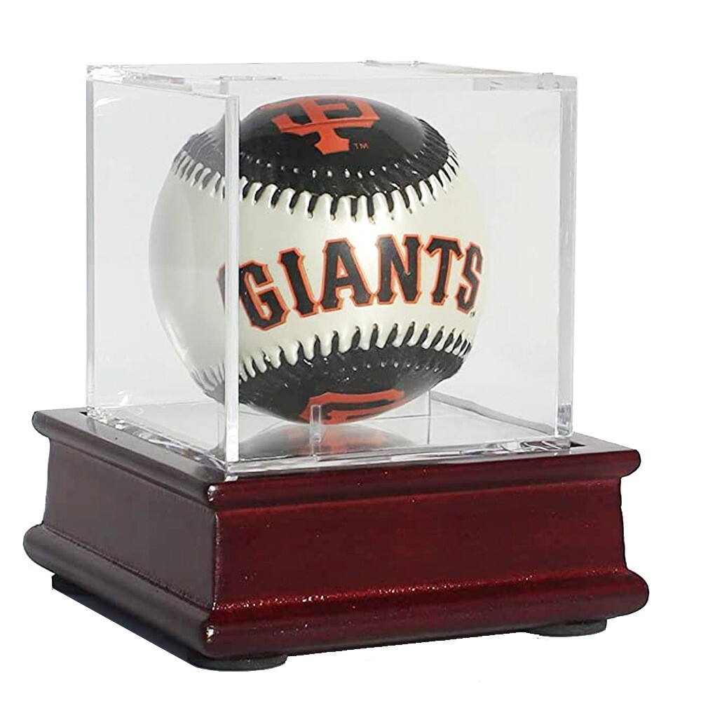 Baseball Holder Display Case Cube, Cherry Finish Wood Stand UV Protection Cube