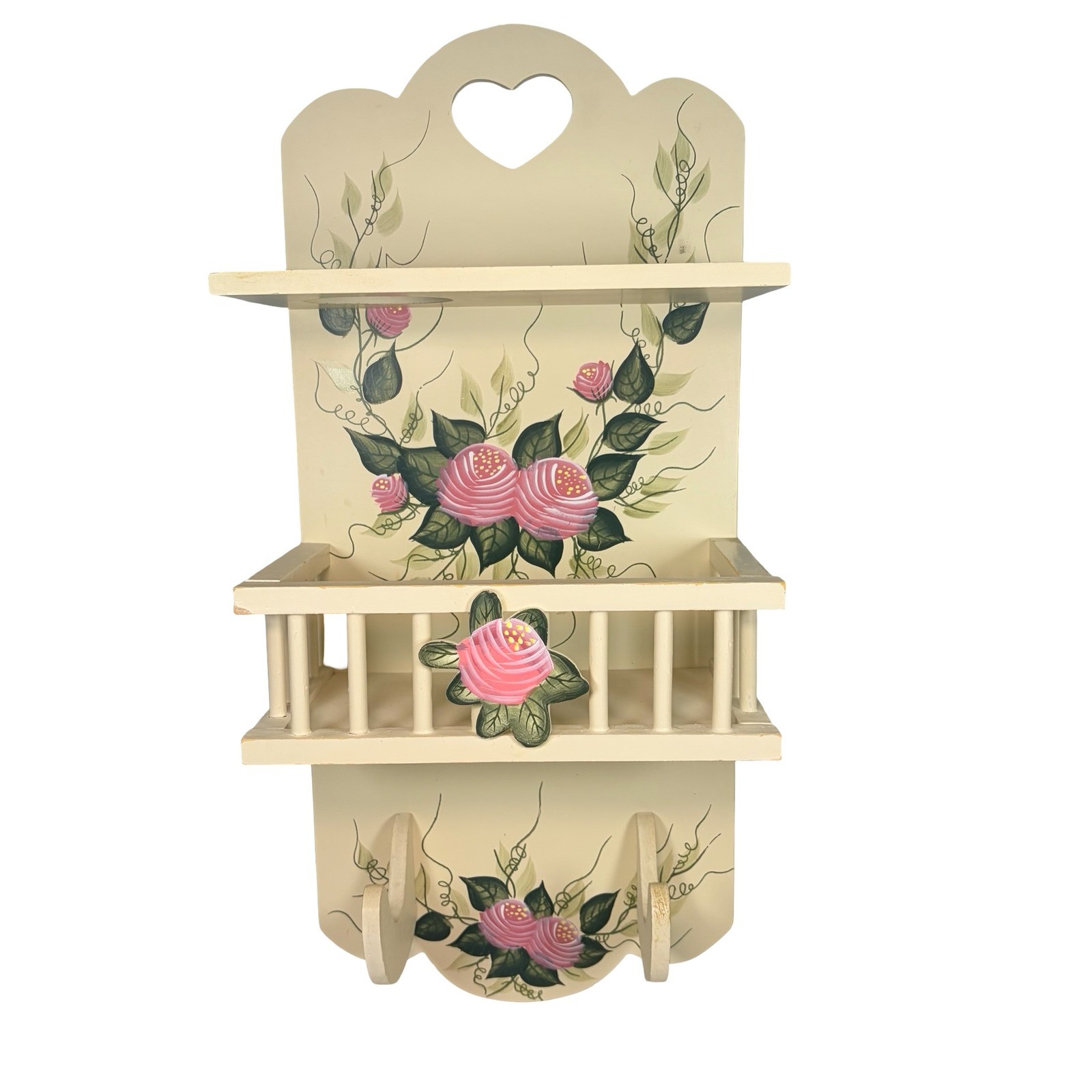 Kenyield Vintage Wood Wall Shelf Rack Heart Cutout Pink Roses Cottage Coe
