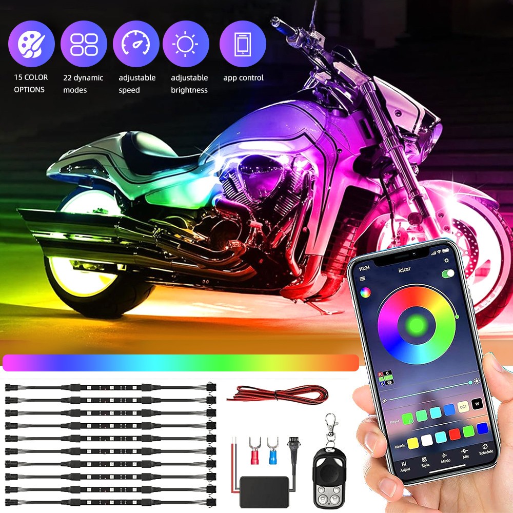 10PCS Motorcycle RGB LED Strip Light Under Glow Neon Kit Bluetooth APP Control