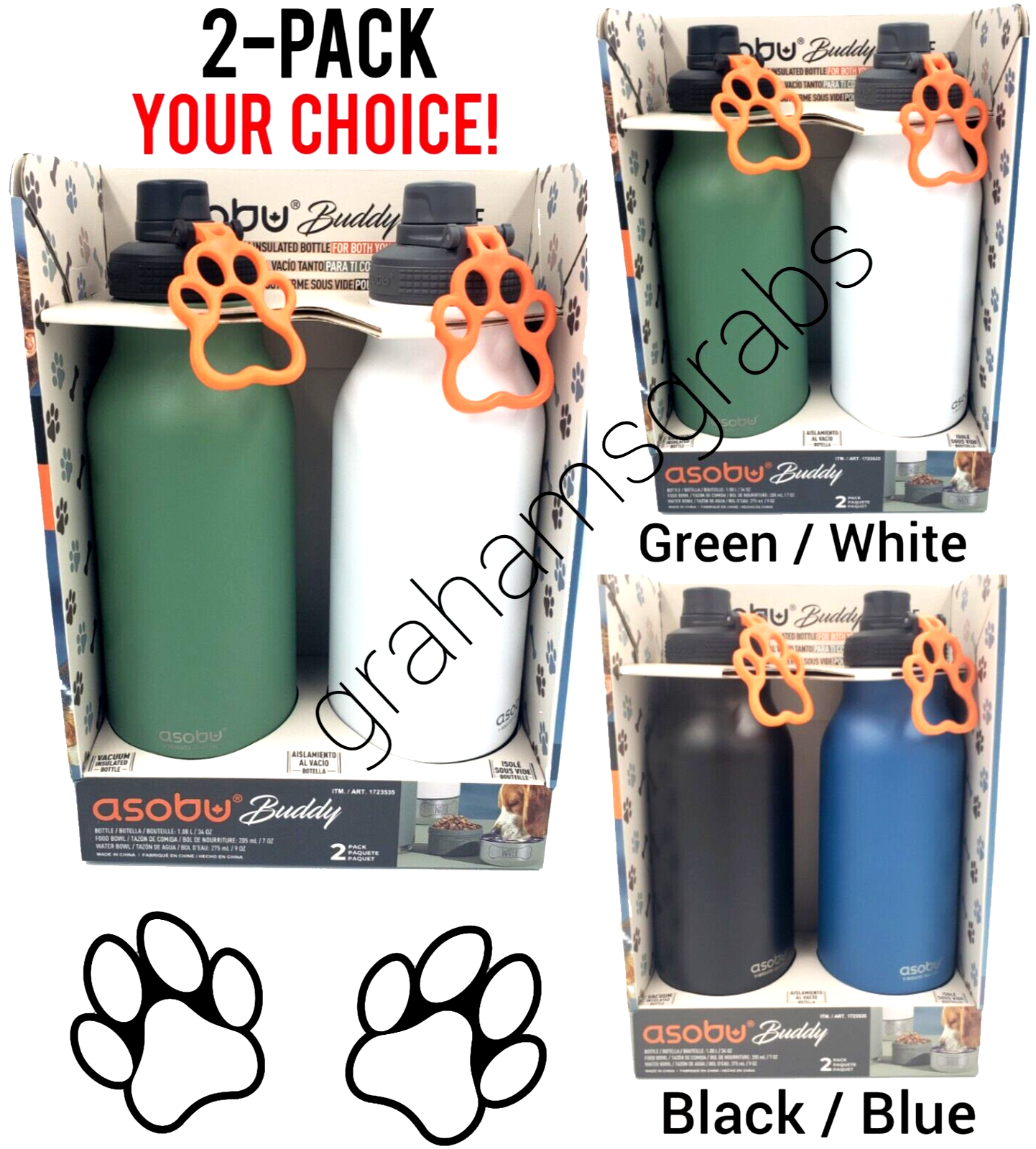ASOBU BUDDY VACUUM INSULATED 34 oz WATER BOTTLE + DOG FOOD & WATER BOWL 2 PACK