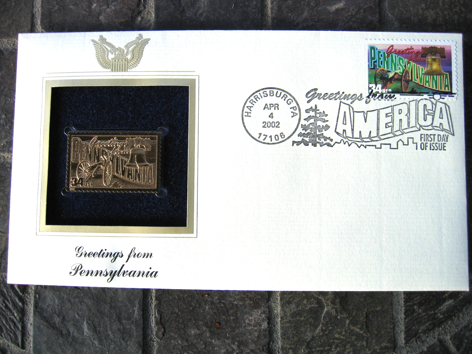 2002 PENNSYLVANIA Greetings From America replica Cover Gold Stamp Golden