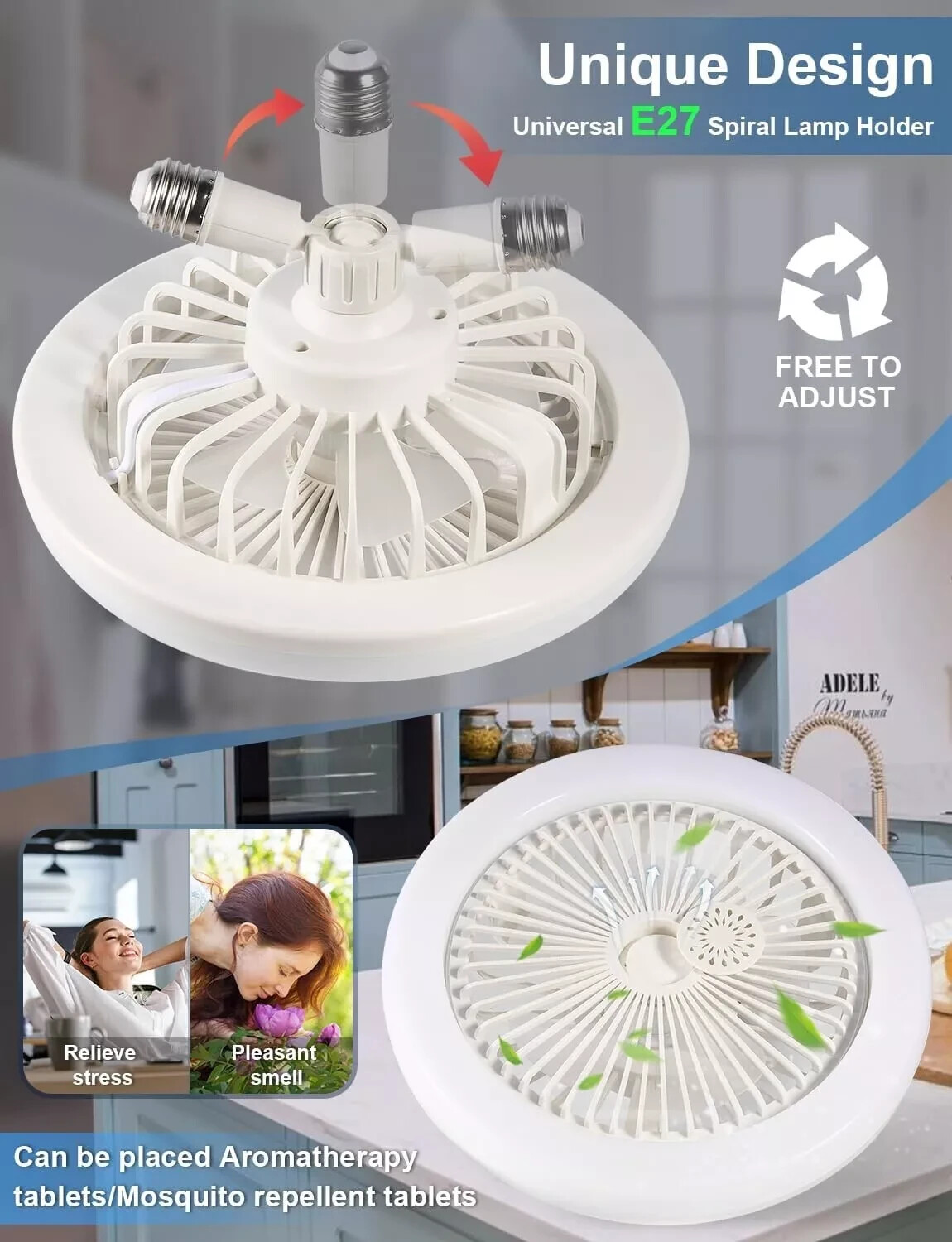 10" Adjustable E27 Socket Ceiling Fan Dimmable LED Light Remote Cooling Fan Lamp
