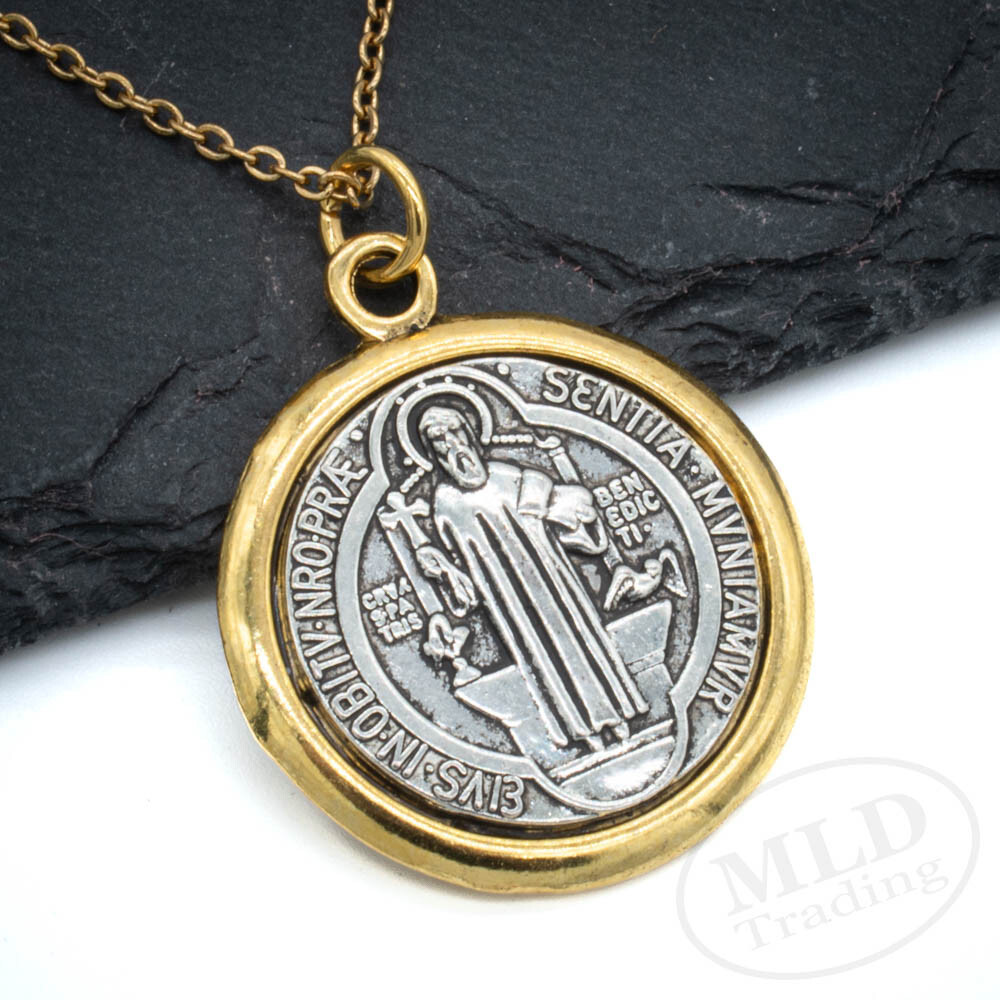 Saint St Benedict Medal Pendant Necklace: Silver w/ Gold Border, 1", 18" Chain