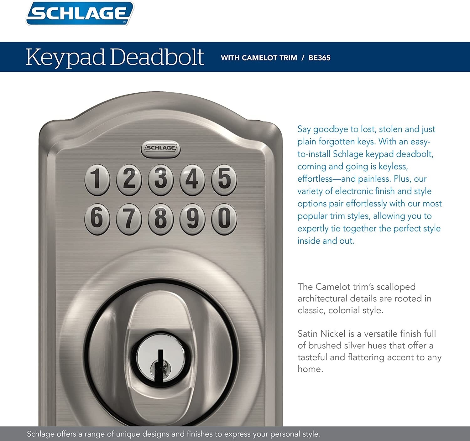 Schlage BE365 V CAM 619 Camelot Keypad Entry with Flex-Lock In Satin Nickel