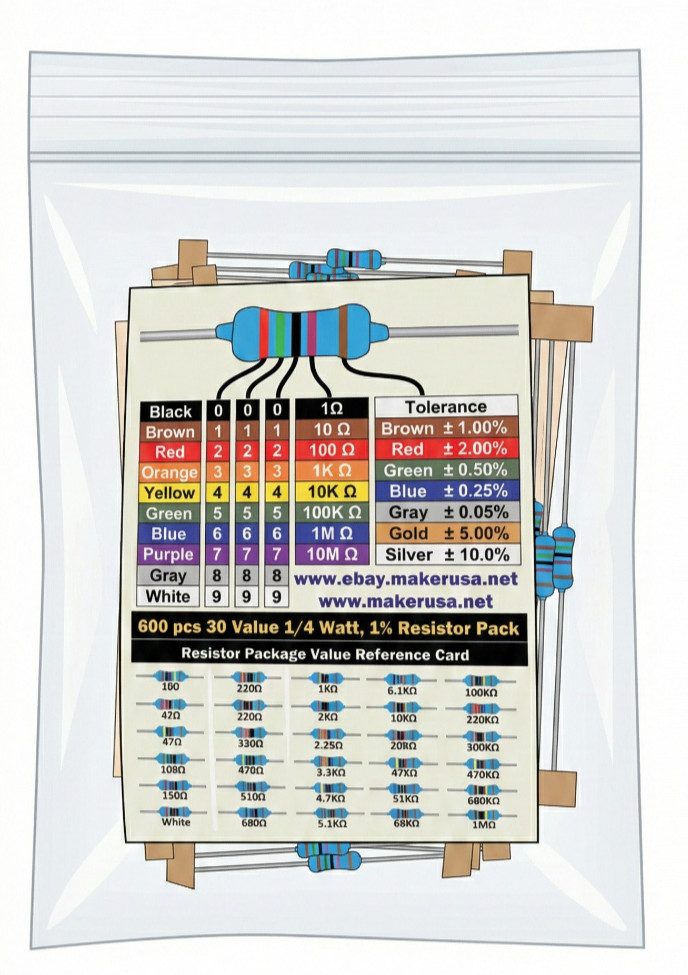 600Pcs 30 Values 1% Resistor Assortment 10 Ohm-1M Ohm Metal Film Resistors Kit