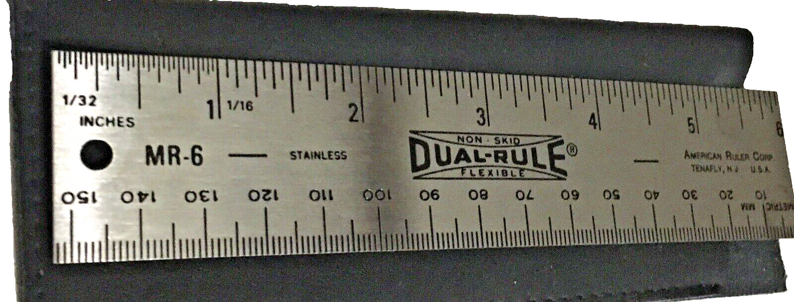 Vintage 6" Stainless Steel Ruler Cork Back Dual-Rule SAE/Metric w/Case U.S.A.